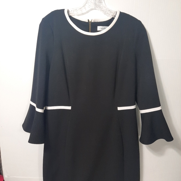 Calvin Klein Bell Sleeve Sheath Dress Black White Piping Short Size 12 - Picture 2 of 11